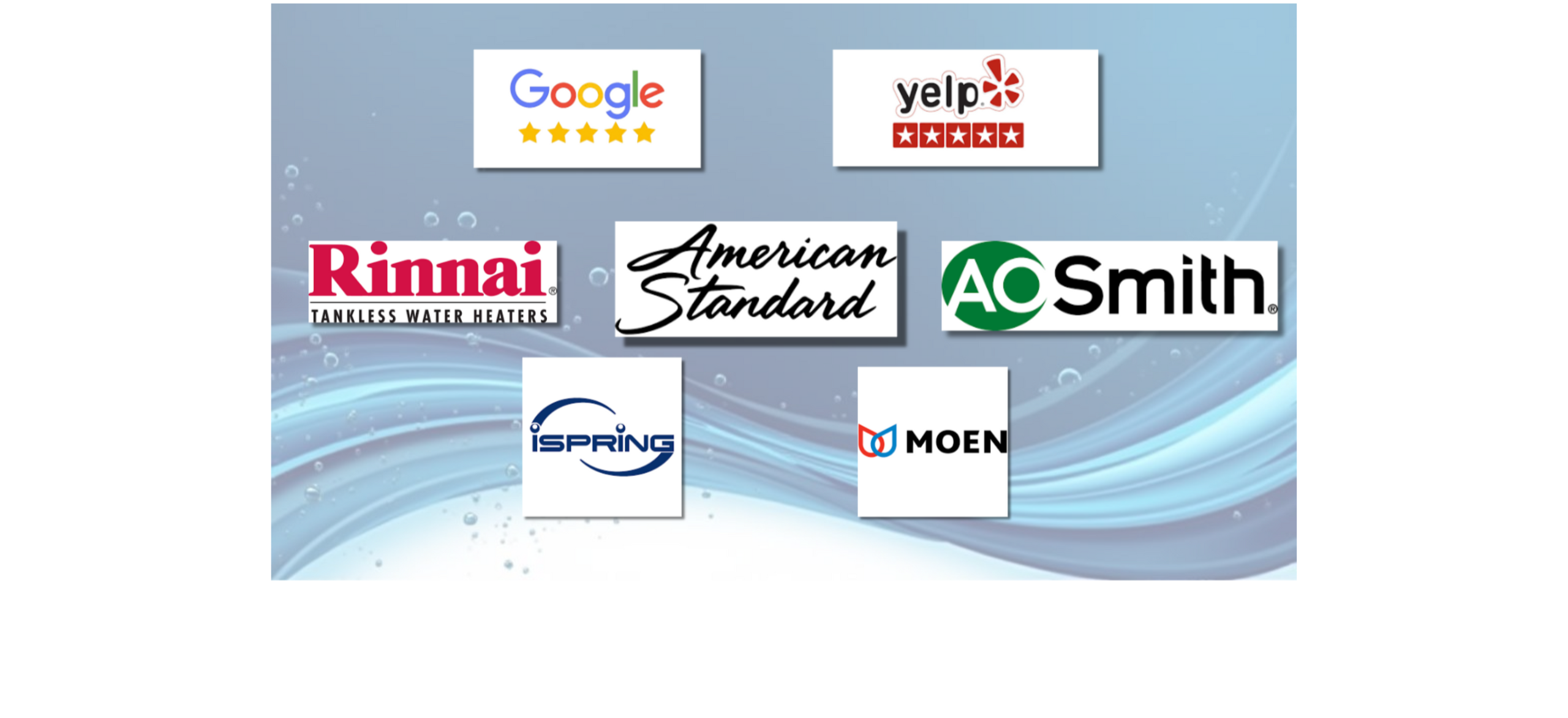Logos of various companies including Google, Yelp, Rinnai, American Standard, AO Smith, Spring, and Moen on a blue wave background.