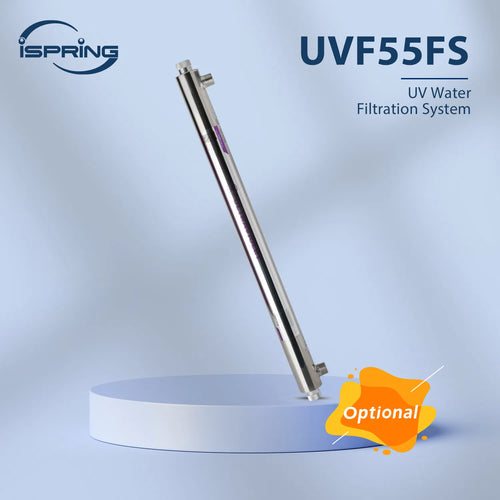 UVF55FS UV Water Filtration System on a blue background with ISpring branding.