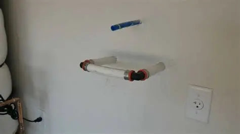 Plumbing pipes and connectors mounted on a wall next to an electrical outlet.