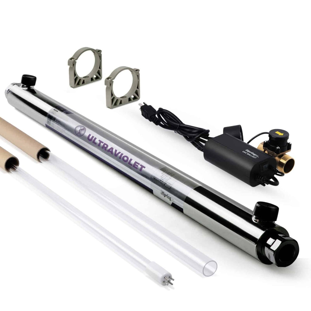 Ultraviolet water treatment system with various components on a white background